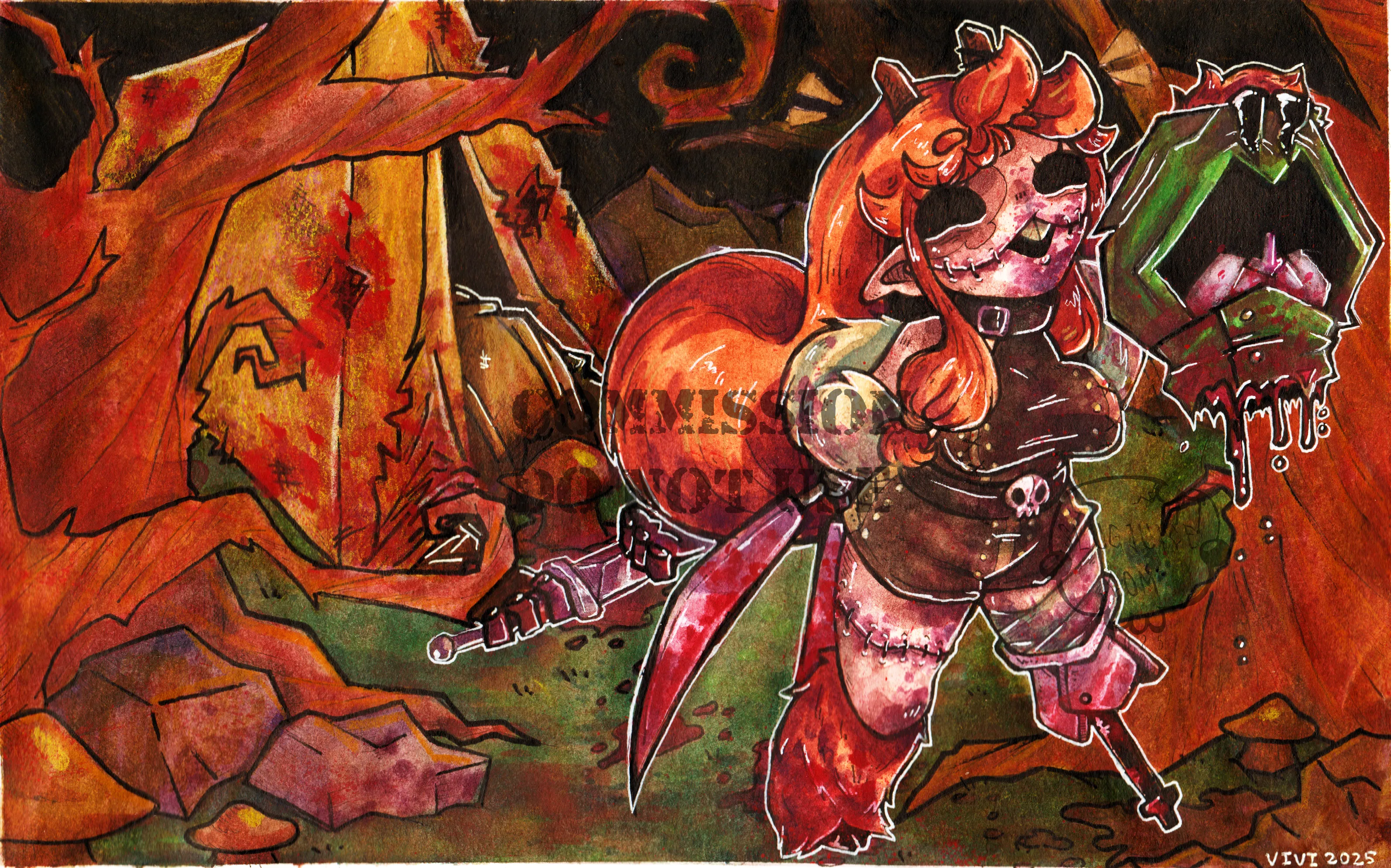 A fawn girl with a sitched up face and a scissor-like prosthetic arm gleefully holding a severed head as she walks out of a destroyed, bloody tent in a forest.